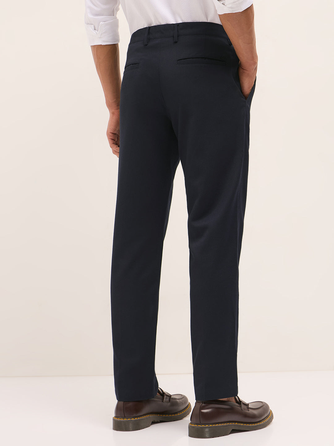 Men Navy Blue Solid Regular Fit Formal Trousers