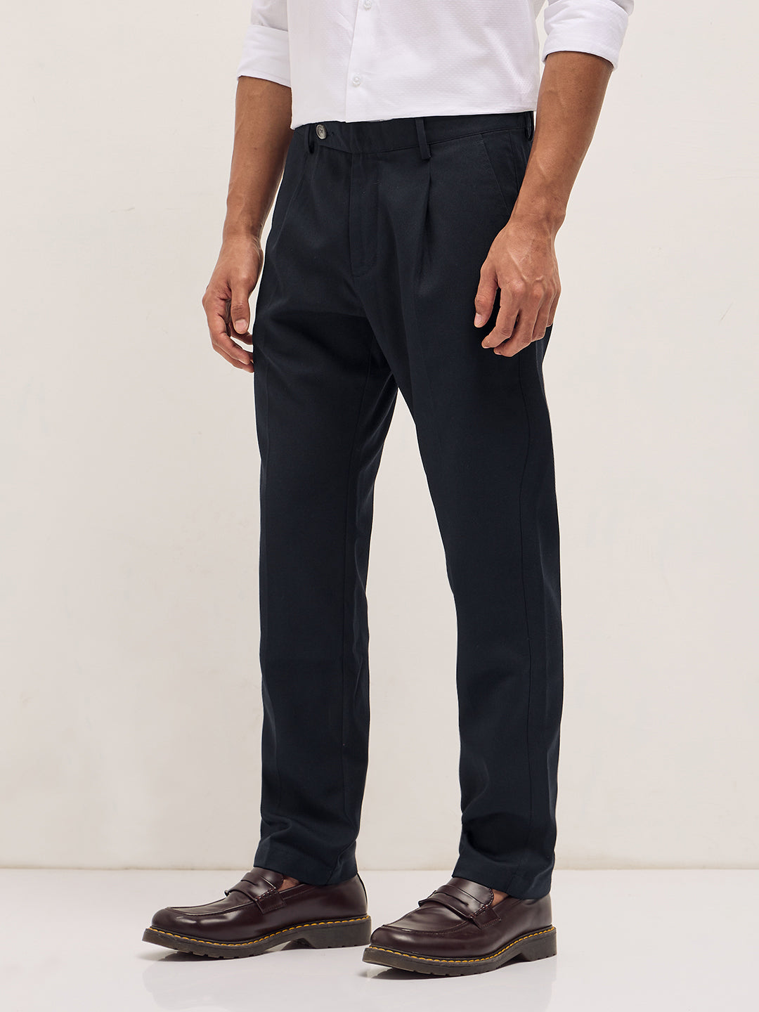 Men Navy Blue Solid Regular Fit Formal Trousers