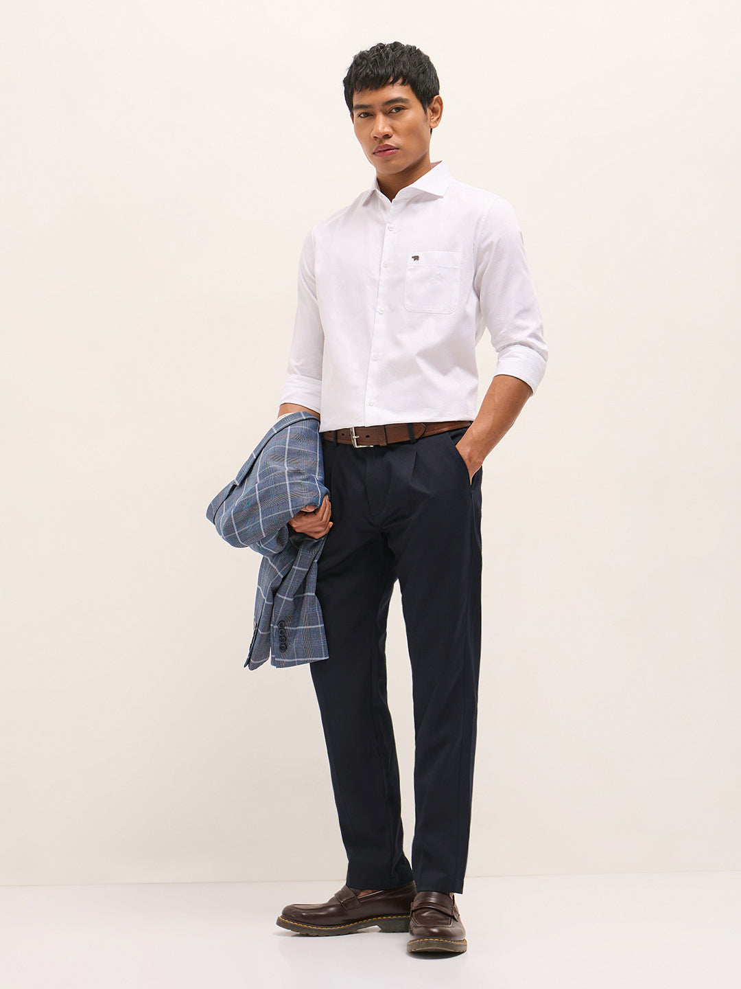 Men Navy Blue Solid Regular Fit Formal Trousers