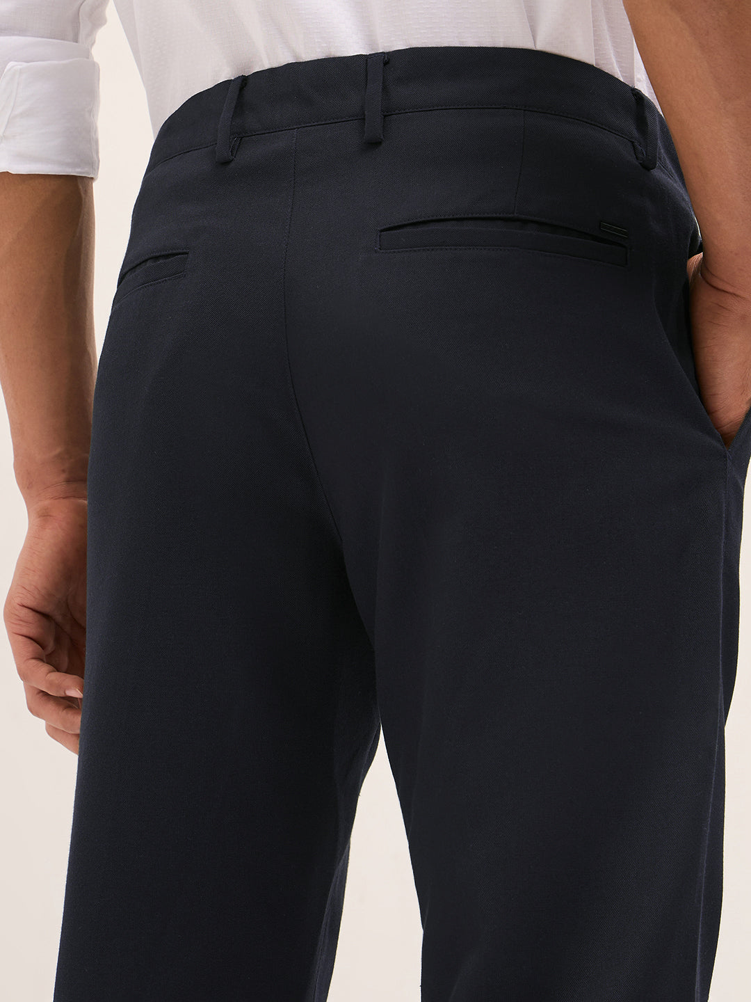Men Navy Blue Solid Regular Fit Formal Trousers