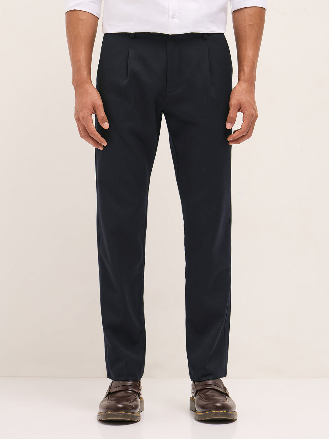 Men Navy Blue Solid Regular Fit Formal Trousers