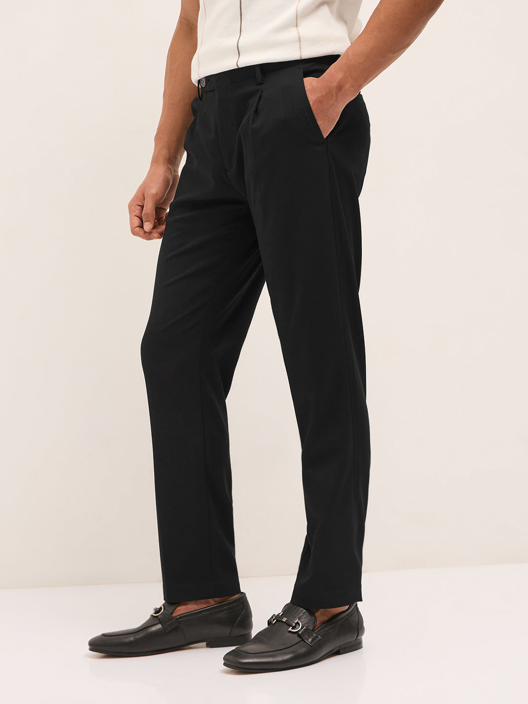 Men Black Solid Regular Fit Formal Trousers
