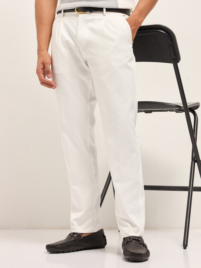 Men White Woven Design Regular Fit Formal Trousers