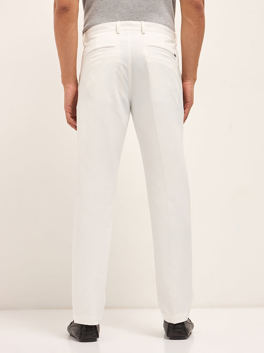Men White Woven Design Regular Fit Formal Trousers