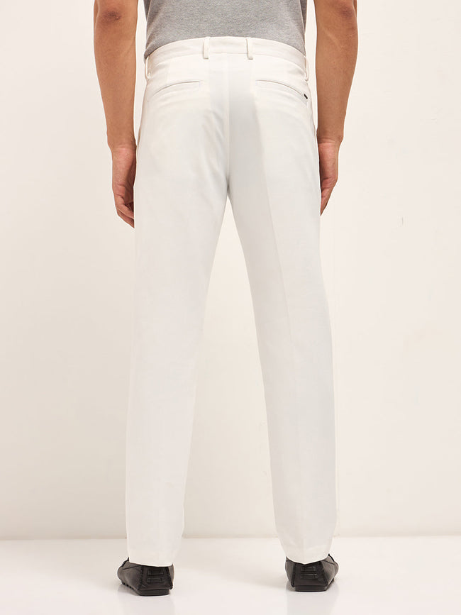 Men White Woven Design Regular Fit Formal Trousers