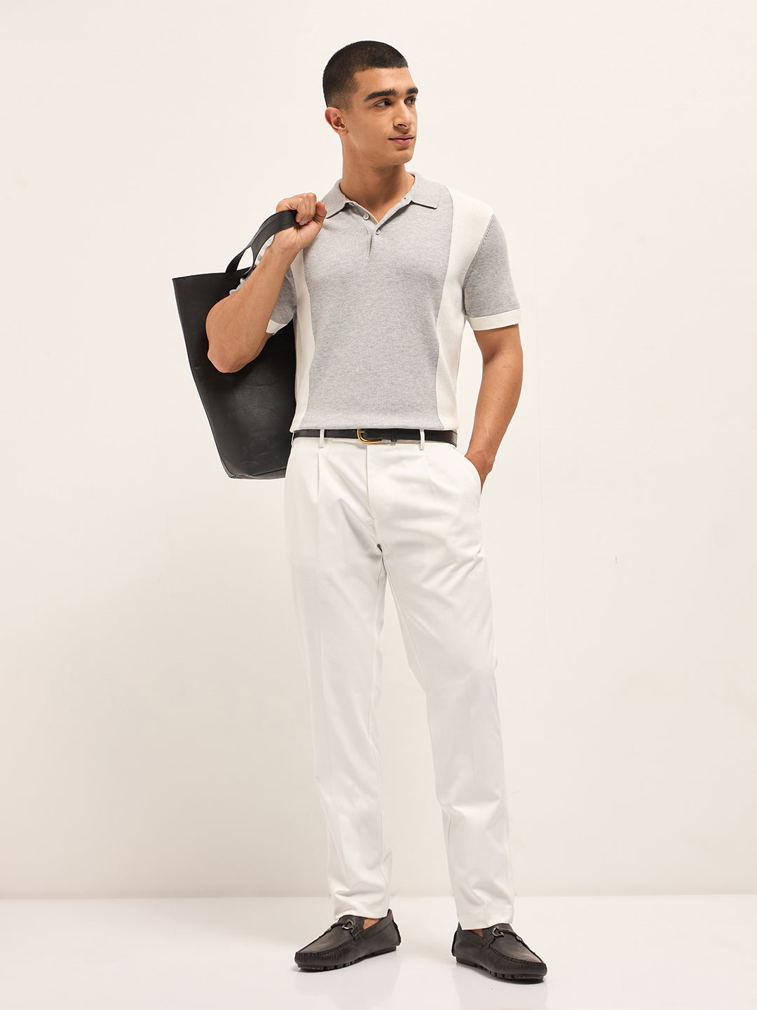 Men White Woven Design Regular Fit Formal Trousers