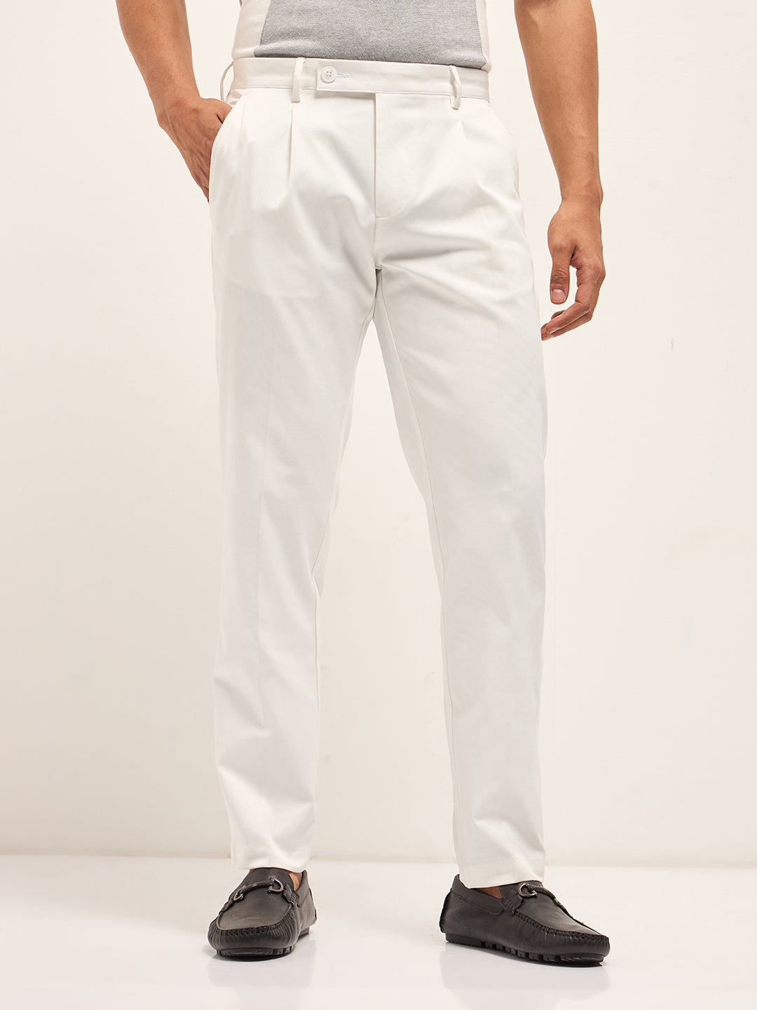 Men White Woven Design Regular Fit Formal Trousers