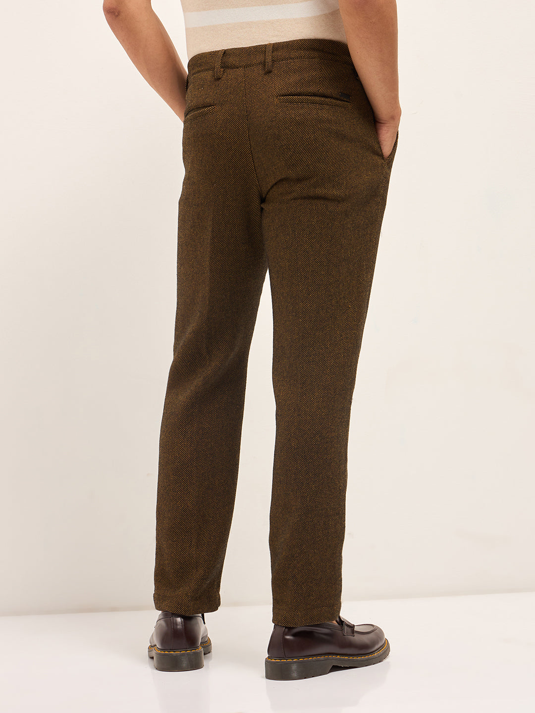 Men Brown Woven Design Regular Fit Formal Trouser