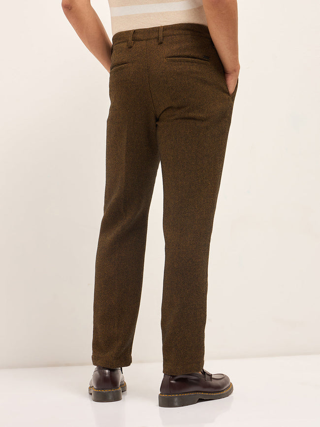 Men Brown Woven Design Regular Fit Formal Trouser