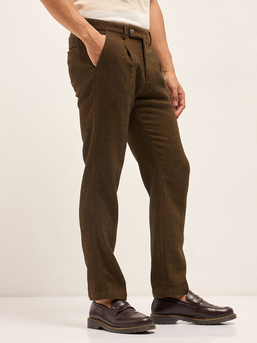 Men Brown Woven Design Regular Fit Formal Trouser
