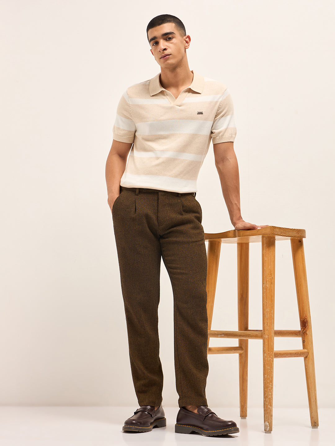 Men Brown Woven Design Regular Fit Formal Trouser