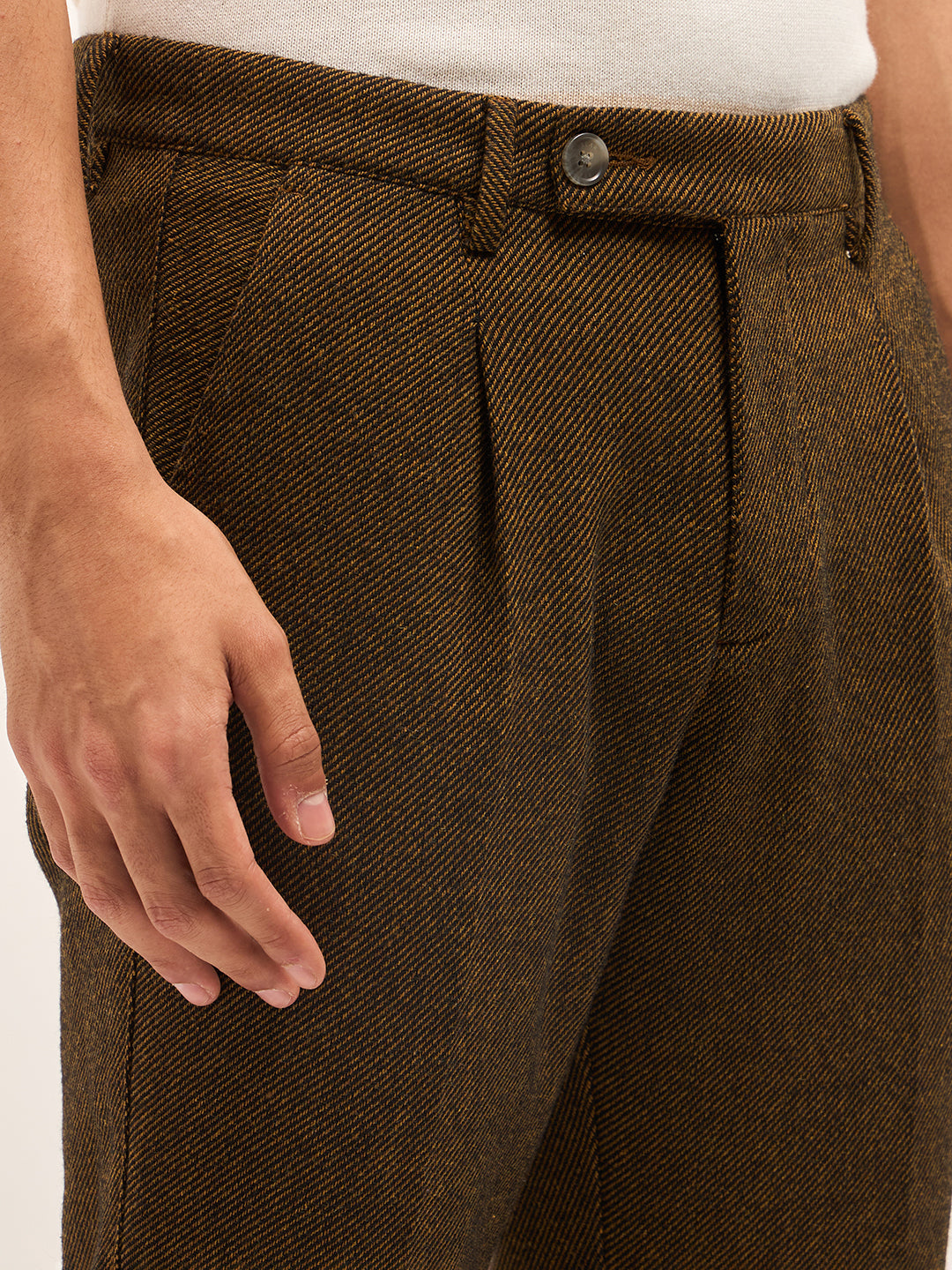 Men Brown Woven Design Regular Fit Formal Trouser