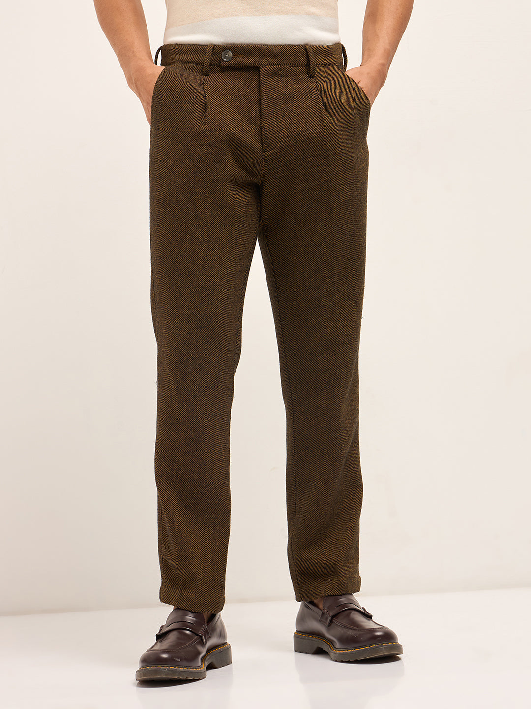 Men Brown Woven Design Regular Fit Formal Trouser