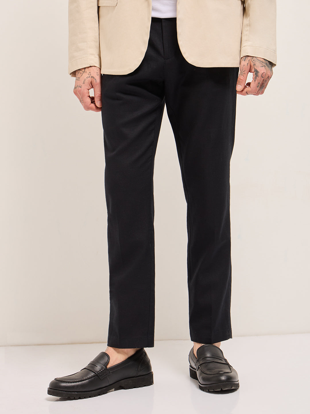 Men Dark Blue Solid Wool Regular Fit Formal Trouser