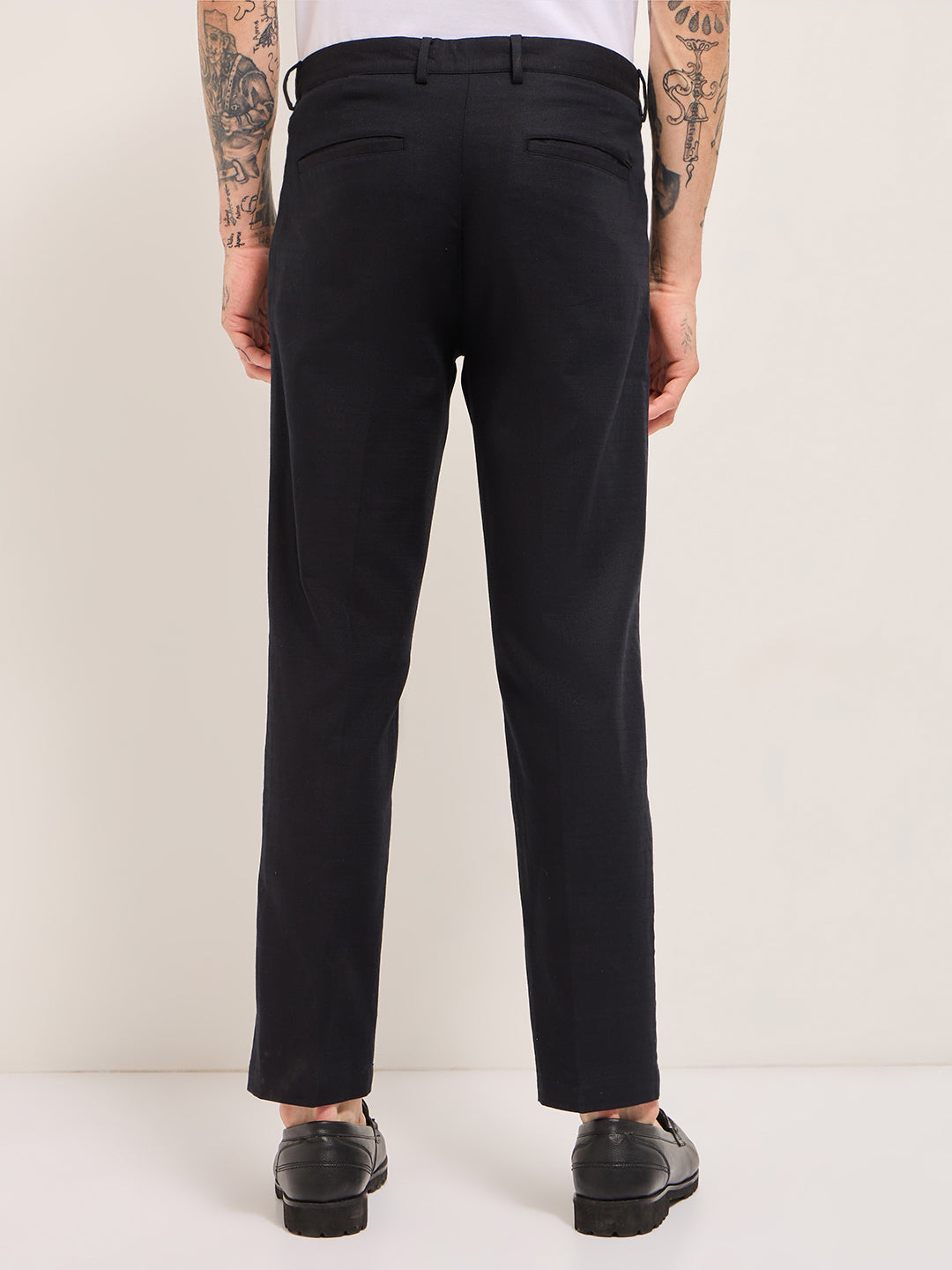 Men Dark Blue Solid Wool Regular Fit Formal Trouser