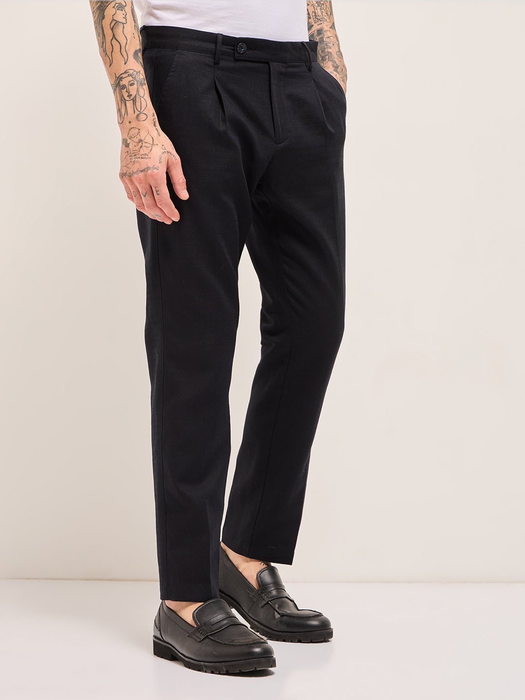 Men Dark Blue Solid Wool Regular Fit Formal Trouser