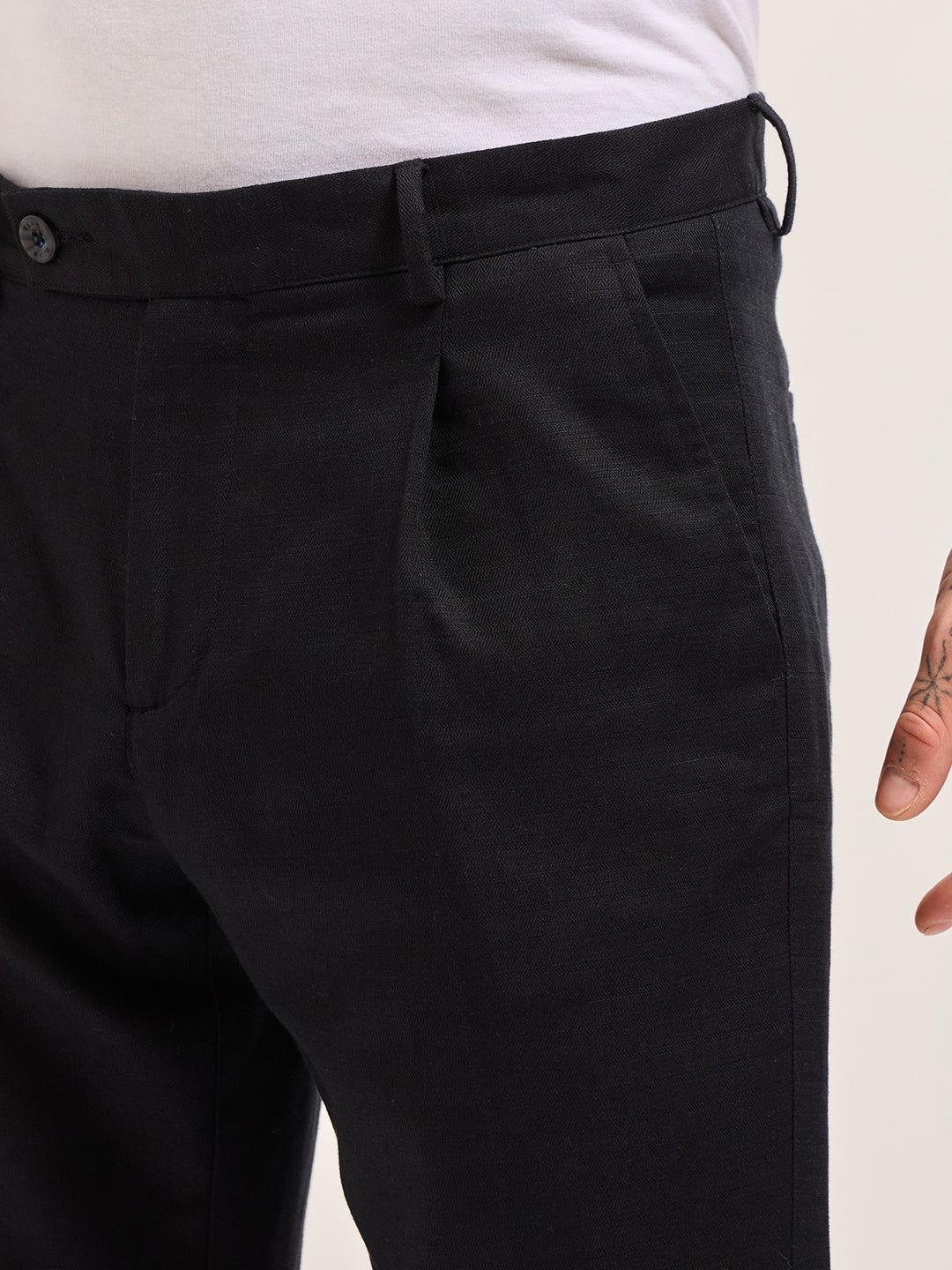 Men Dark Blue Solid Wool Regular Fit Formal Trouser