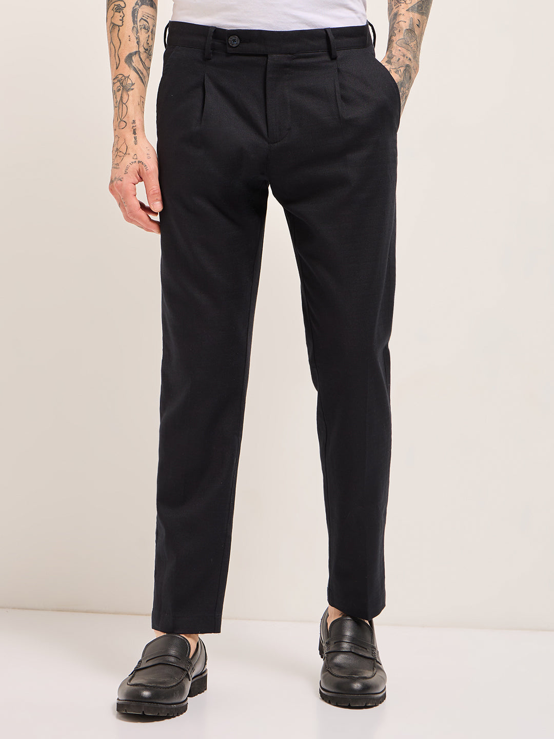 Men Dark Blue Solid Wool Regular Fit Formal Trouser