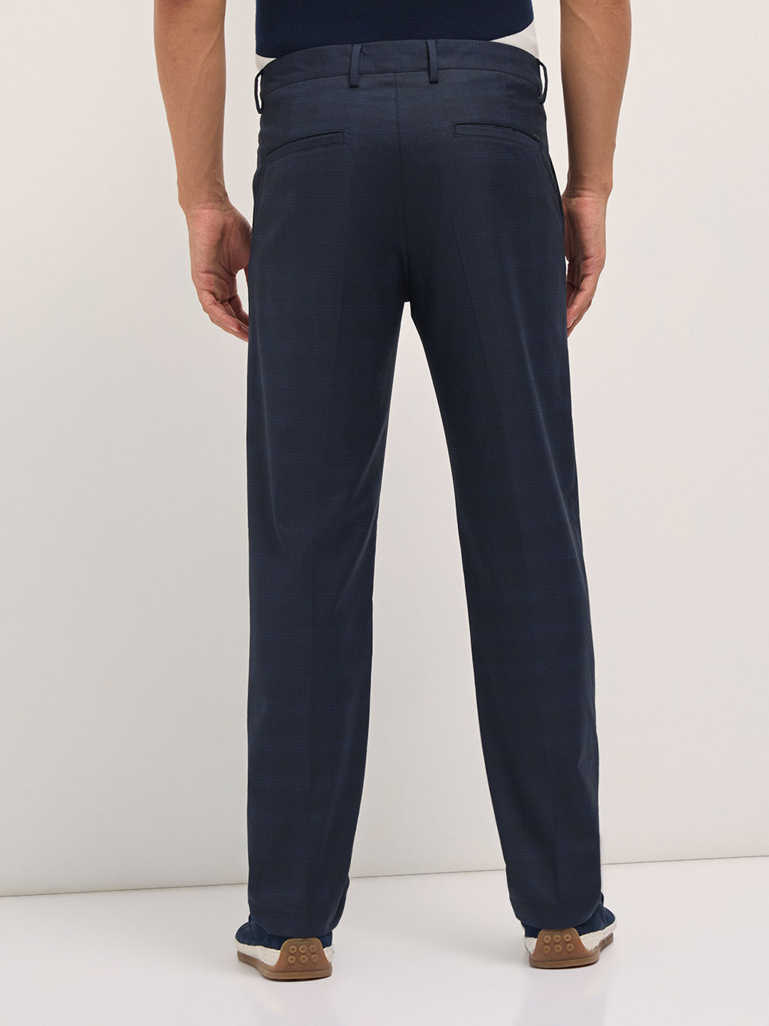 Men Blue Checked Regular Fit Formal Trousers