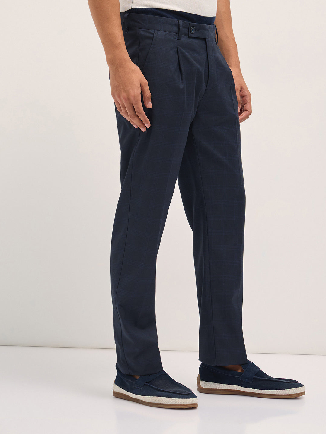 Men Blue Checked Regular Fit Formal Trousers