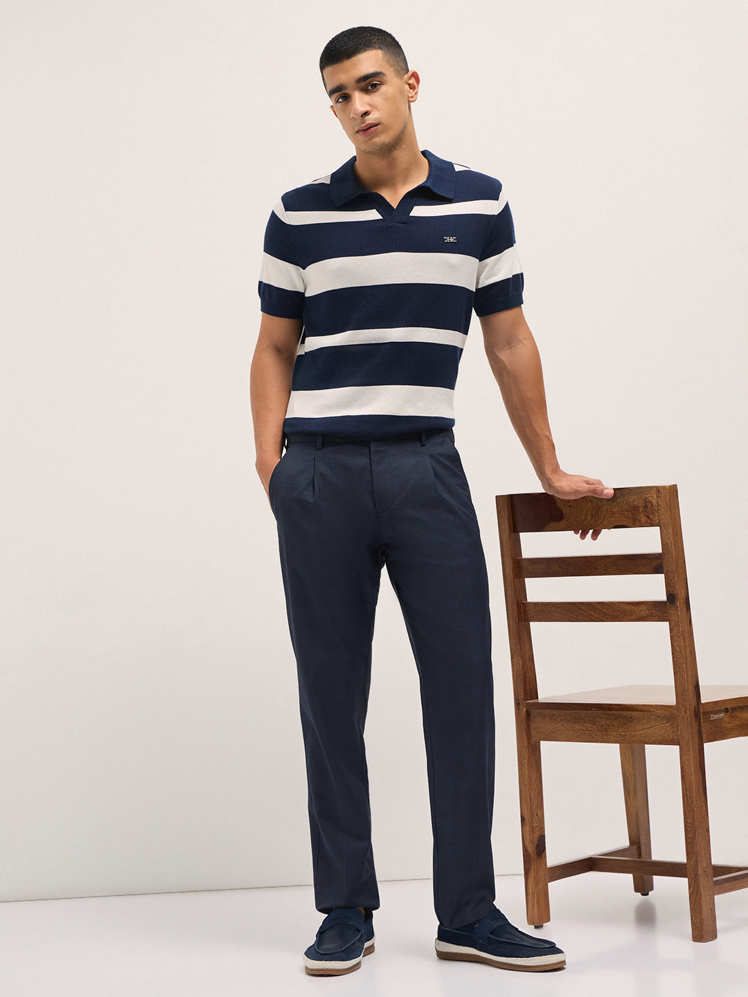 Men Blue Checked Regular Fit Formal Trousers