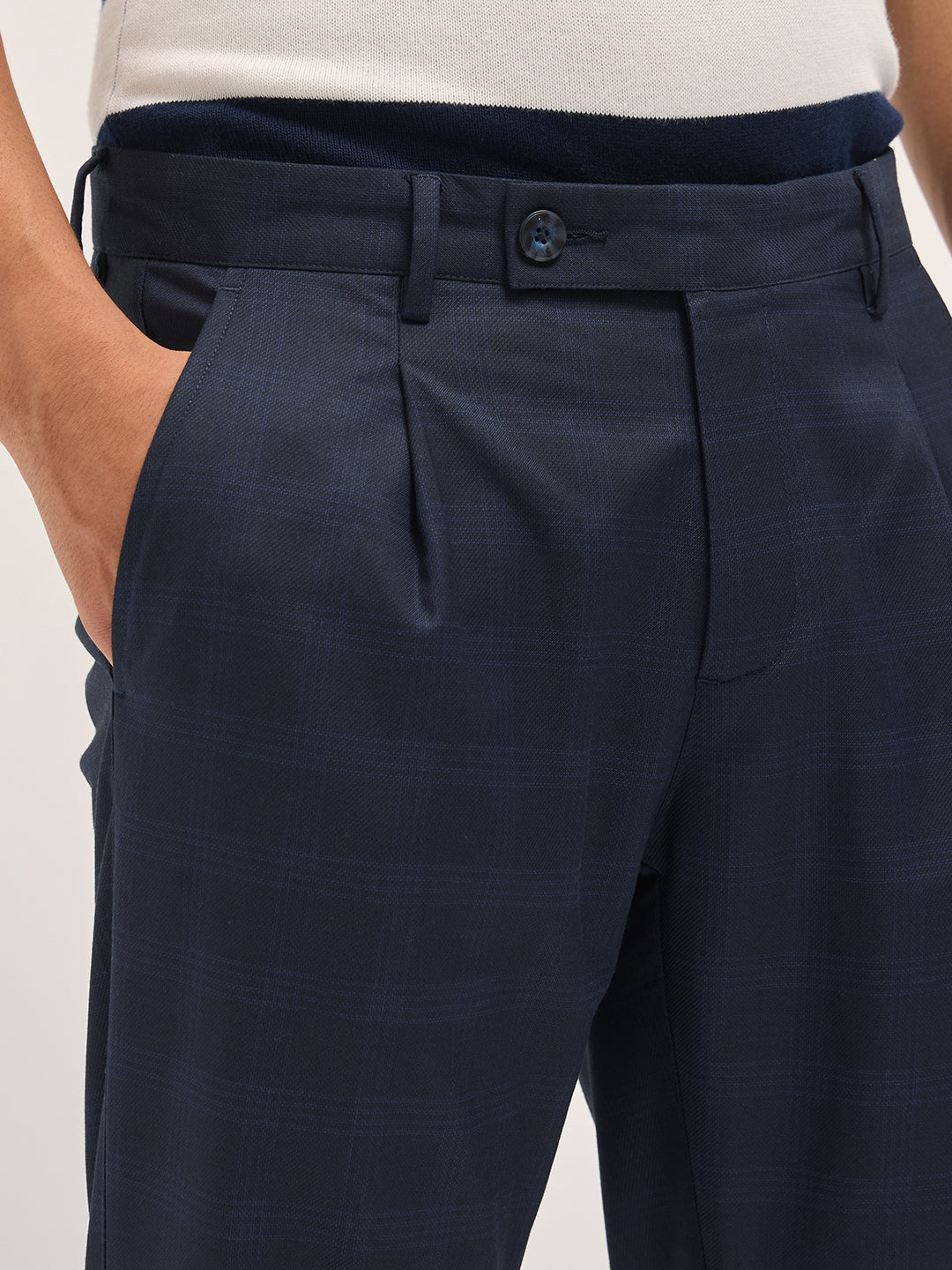 Men Blue Checked Regular Fit Formal Trousers