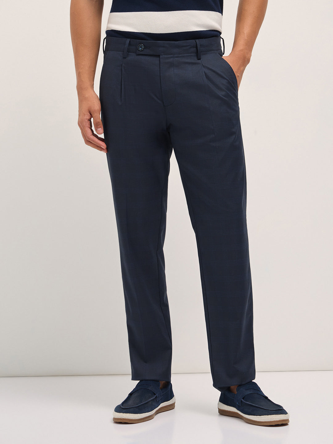 Men Blue Checked Regular Fit Formal Trousers