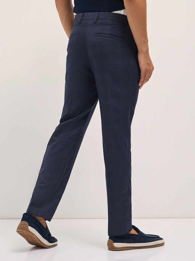 Men Blue Woven Checked Design Regular Fit Formal Trousers