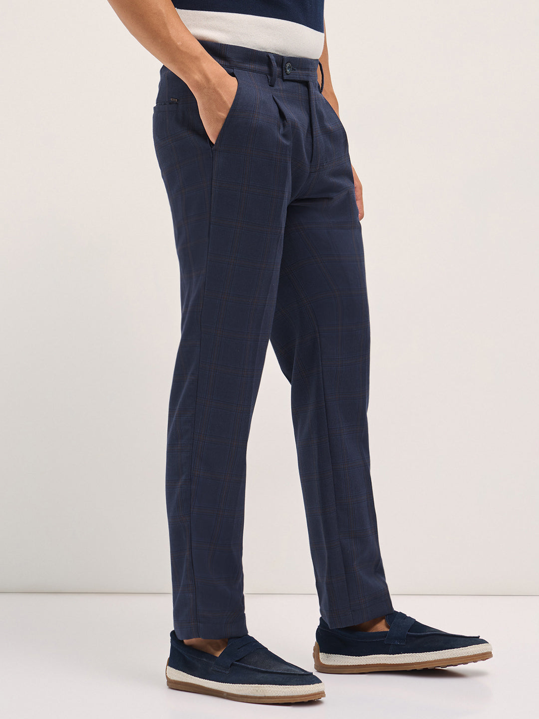 Men Blue Woven Checked Design Regular Fit Formal Trousers