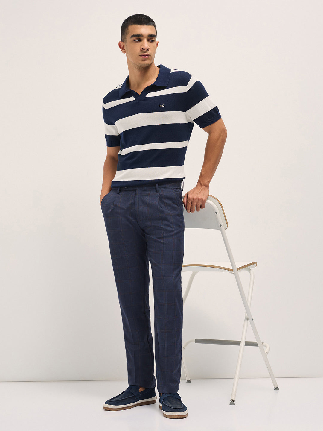 Men Blue Woven Checked Design Regular Fit Formal Trousers