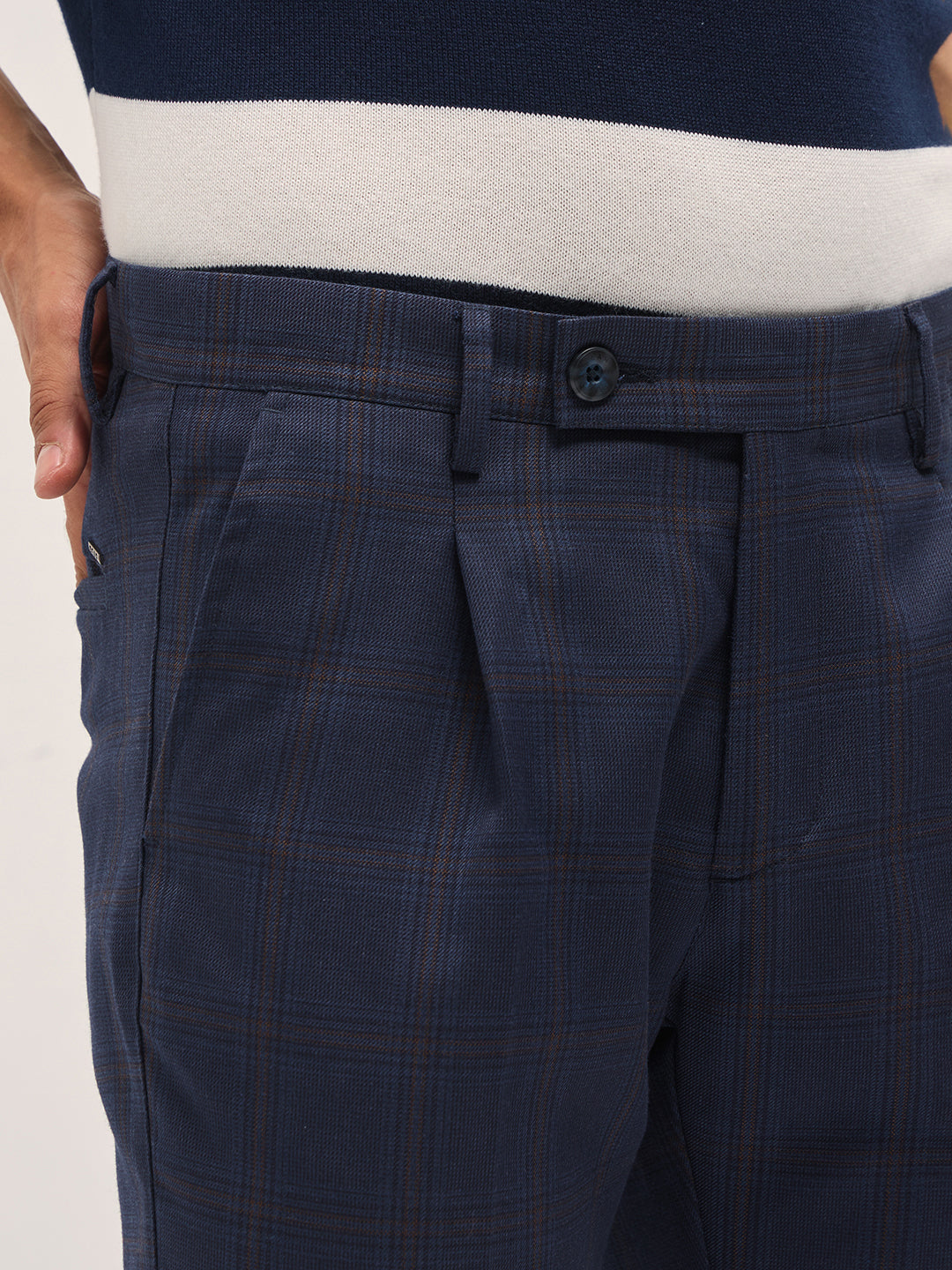 Men Blue Woven Checked Design Regular Fit Formal Trousers