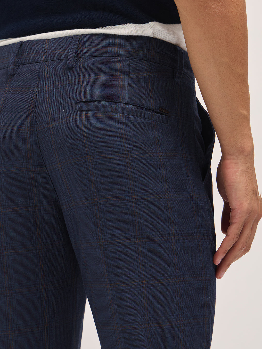 Men Blue Woven Checked Design Regular Fit Formal Trousers