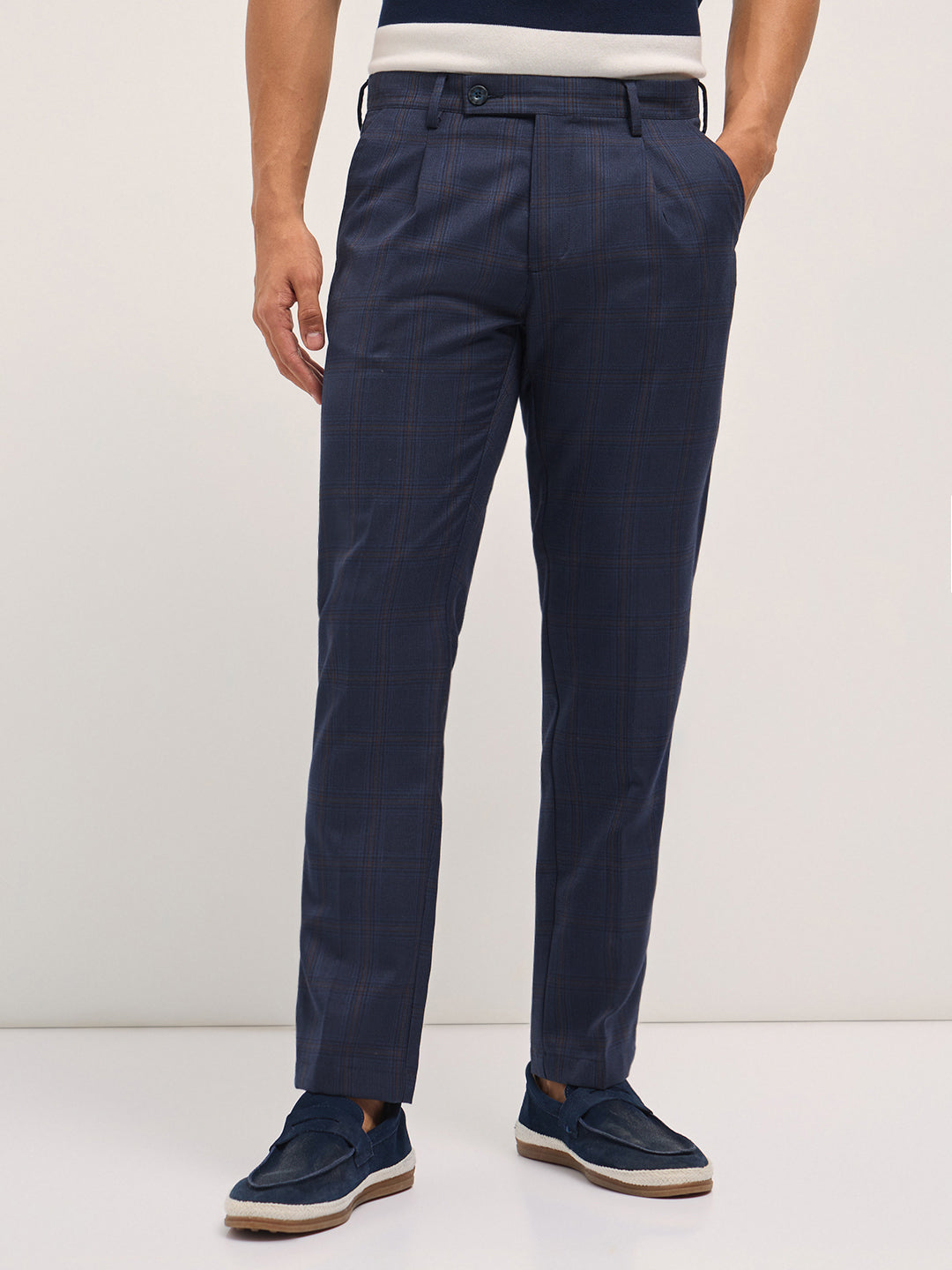 Men Blue Woven Checked Design Regular Fit Formal Trousers