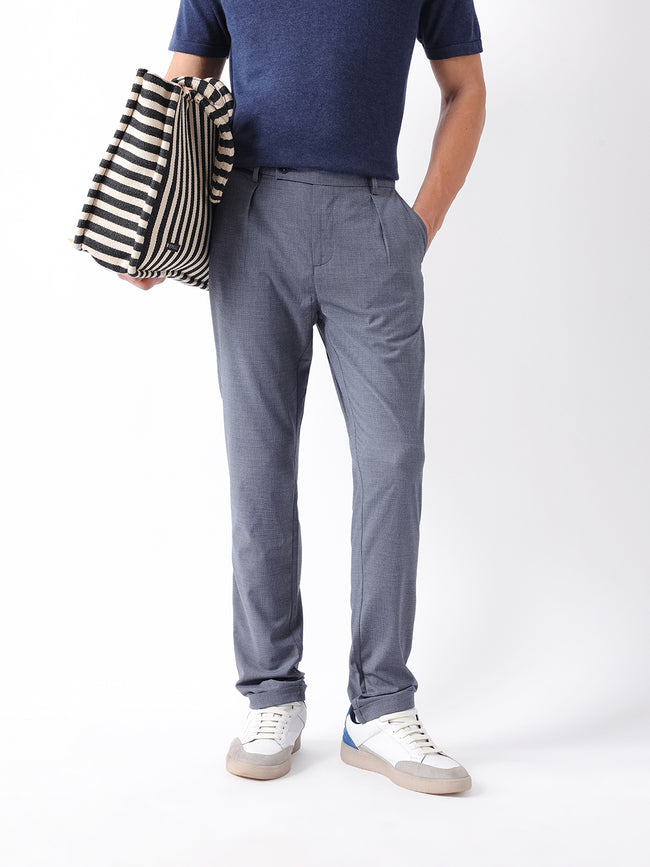 Men Blue Self Design Formal Trouser