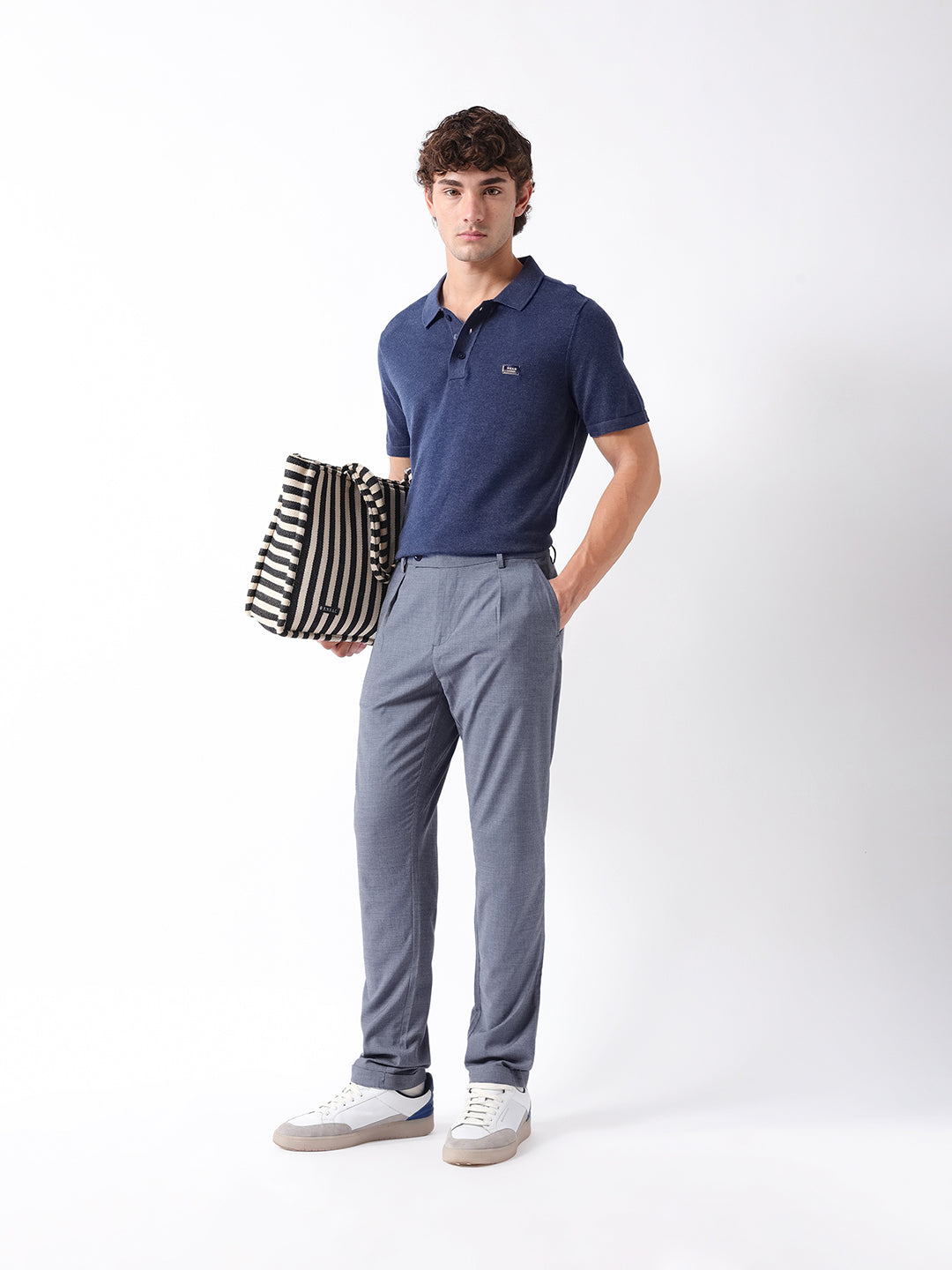 Men Blue Self Design Formal Trouser