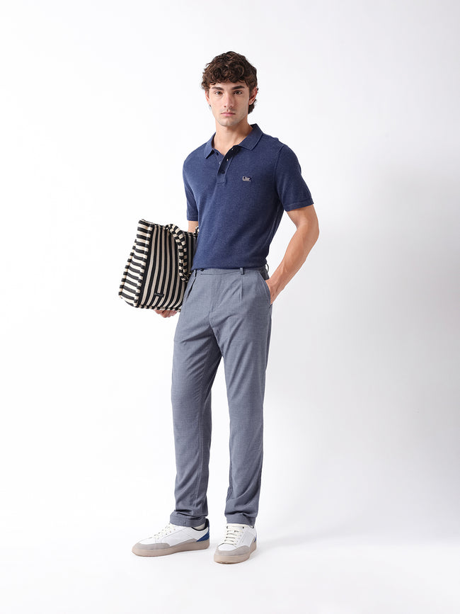 Men Blue Self Design Formal Trouser