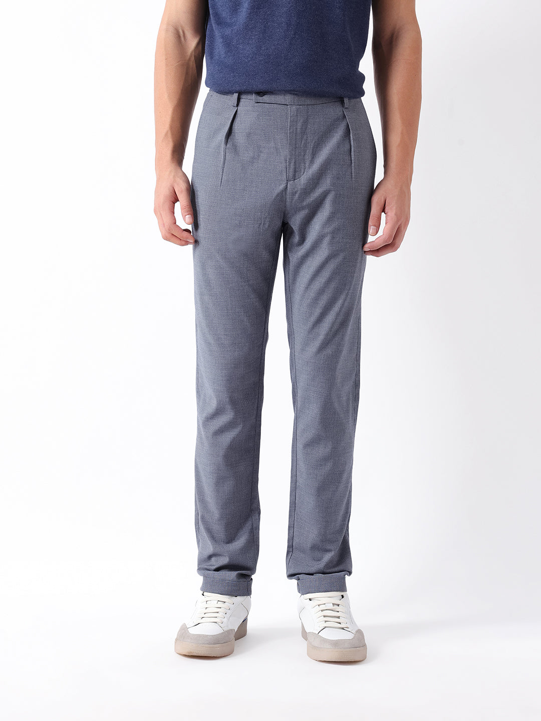 Men Blue Self Design Formal Trouser