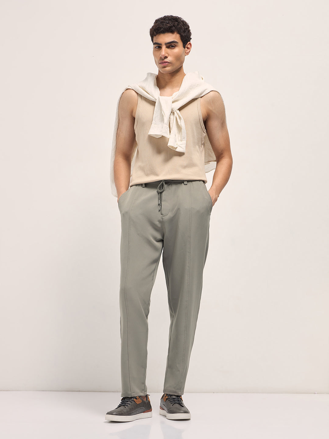 Men Grey Baggy Fit Polyester Blend Trousers
