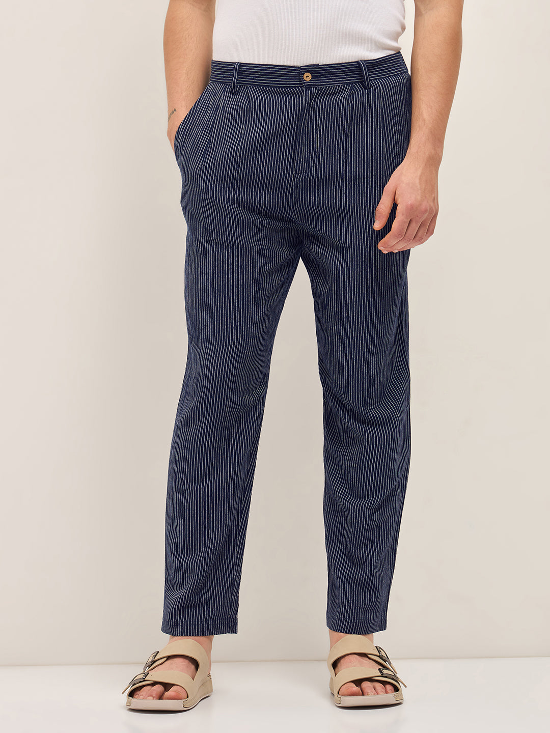 Men Navy Striped Slim Fit Casual Trousers