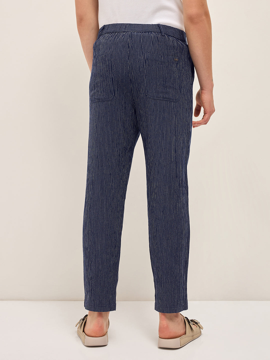 Men Navy Striped Slim Fit Casual Trousers