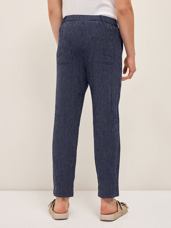 Men Navy Striped Slim Fit Casual Trousers