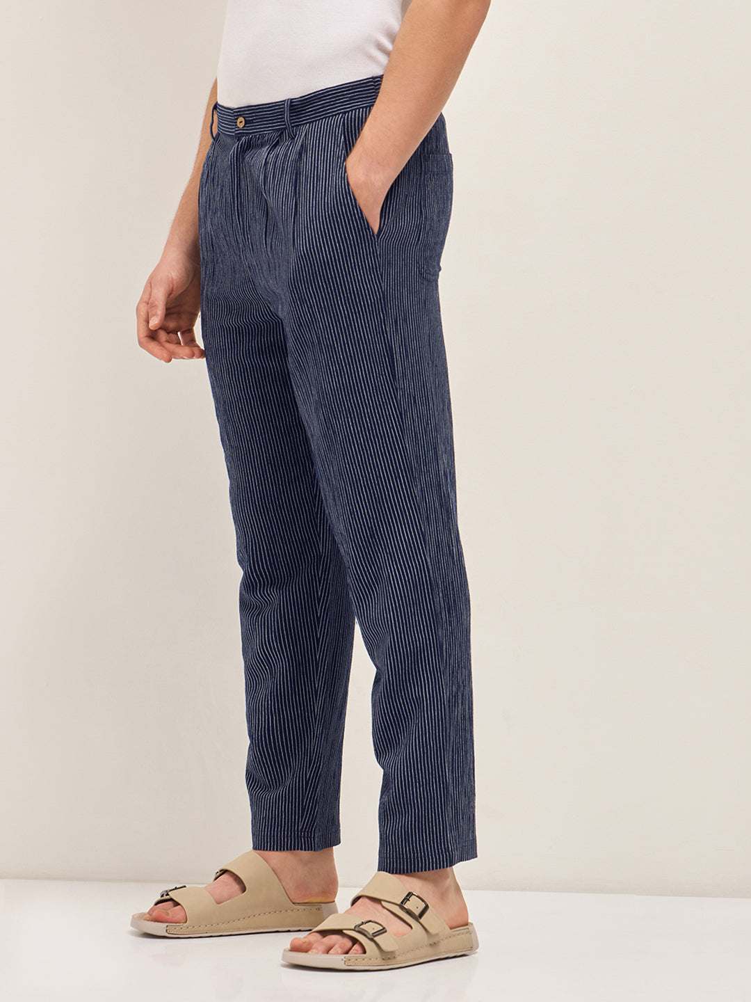 Men Navy Striped Slim Fit Casual Trousers