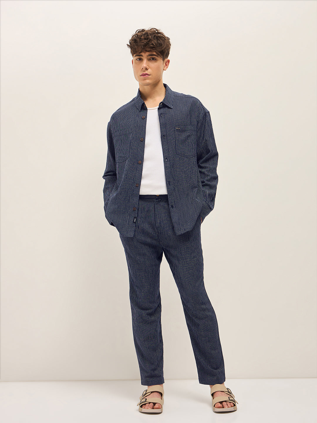 Men Navy Striped Slim Fit Casual Trousers