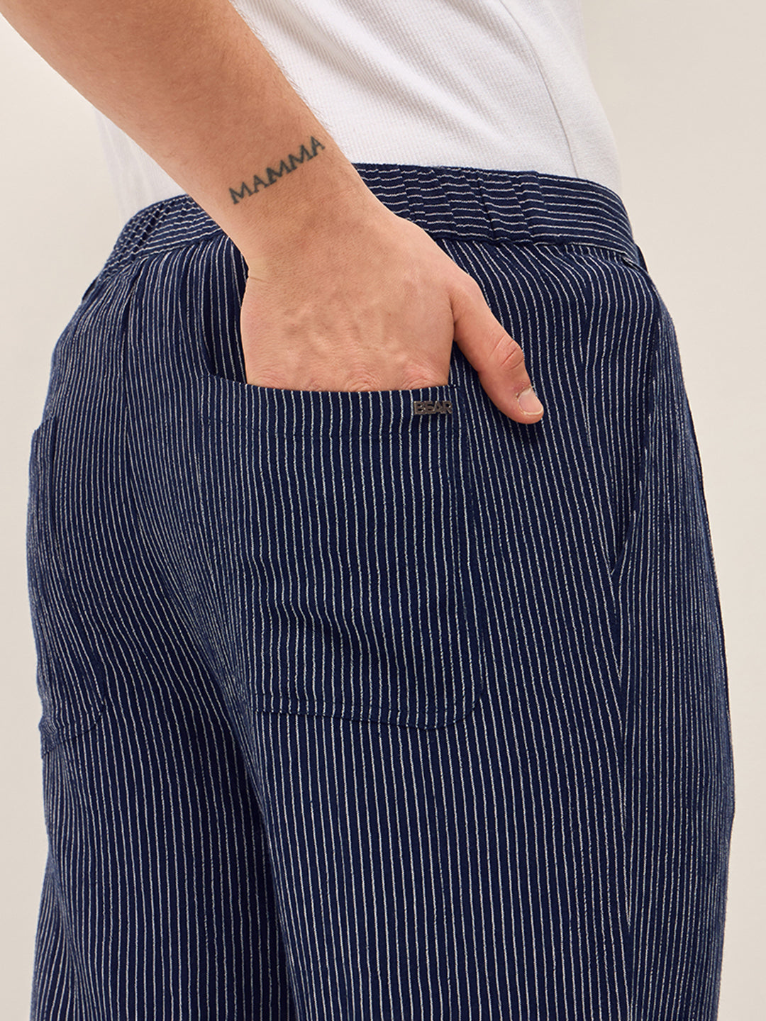 Men Navy Striped Slim Fit Casual Trousers