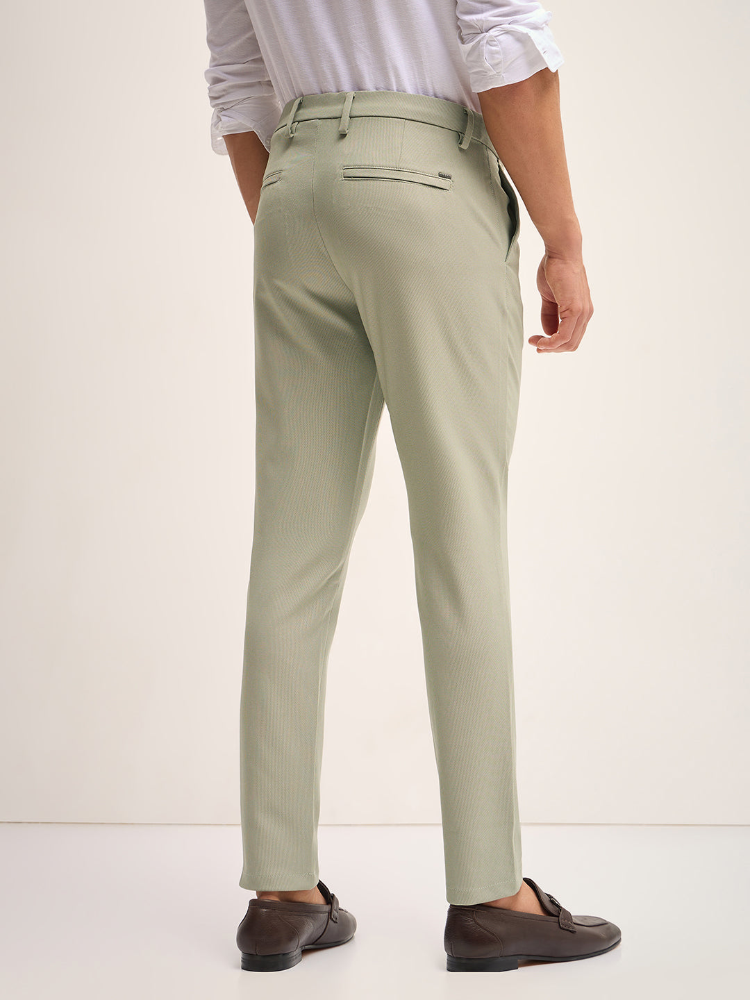 Men Green Solid 4 Way Stretch Formal Trouser