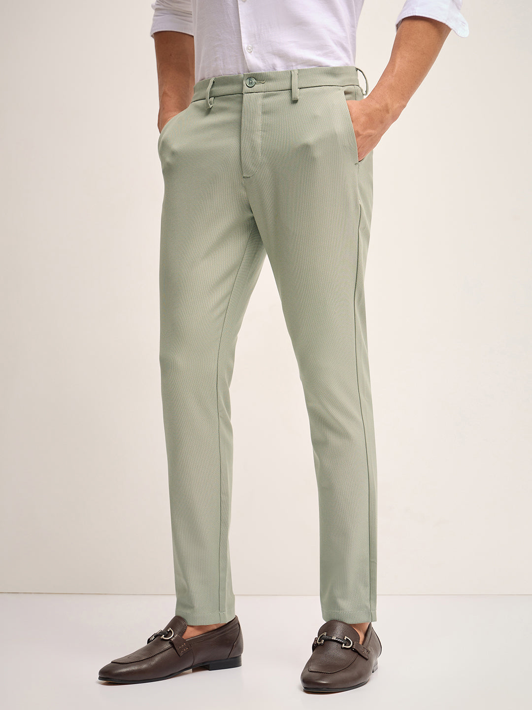 Men Green Solid 4 Way Stretch Formal Trouser