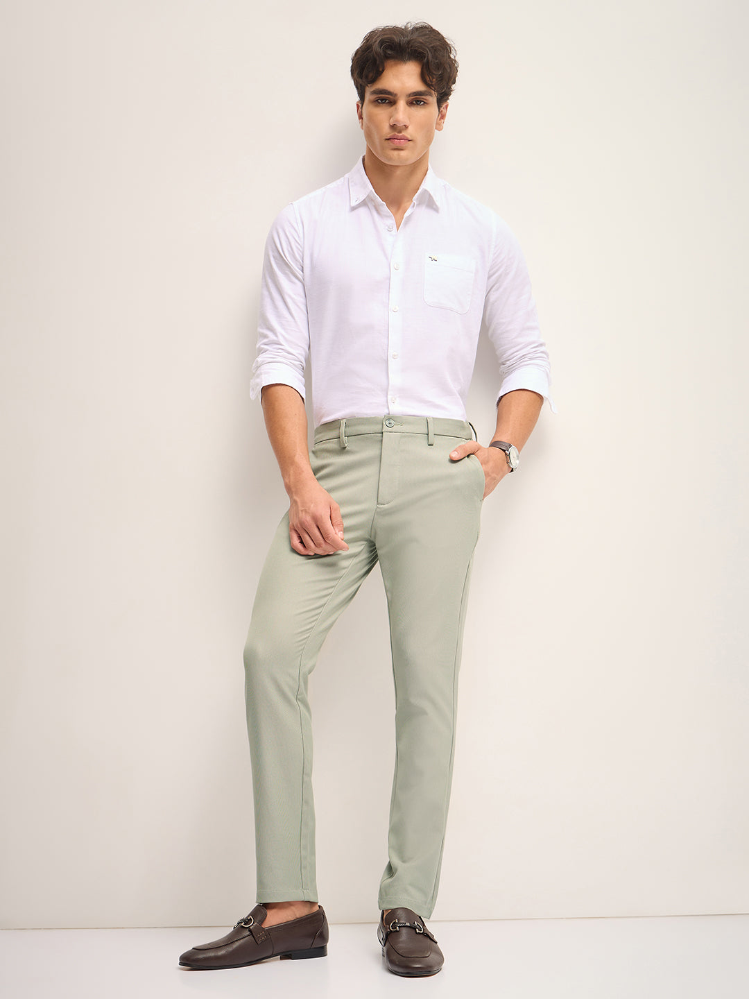 Men Green Solid 4 Way Stretch Formal Trouser