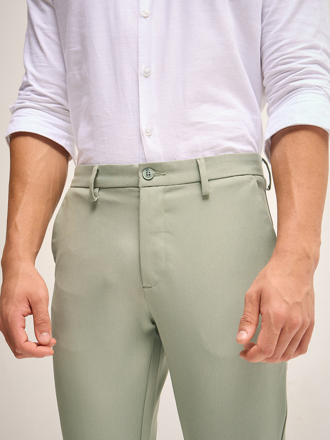 Men Green Solid 4 Way Stretch Formal Trouser