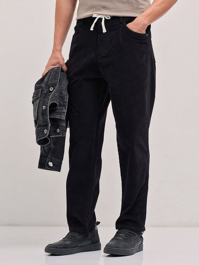 Men Black Solid Baggy Fit Corduroy Cotton Pant
