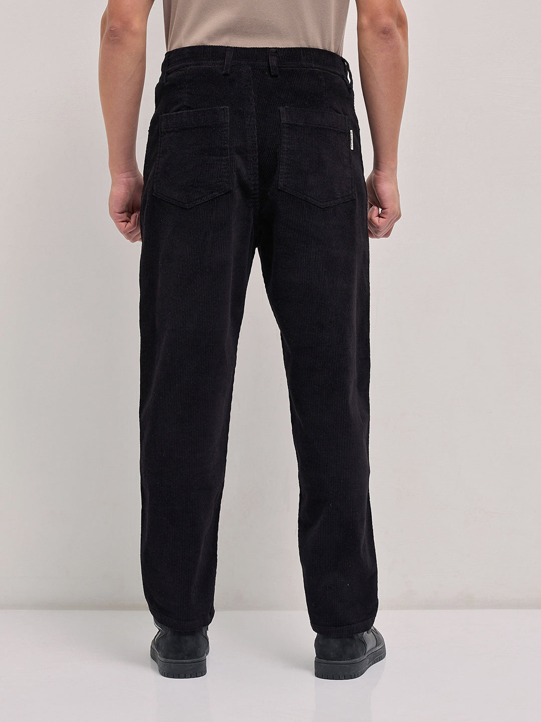 Men Black Solid Baggy Fit Corduroy Cotton Pant